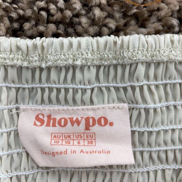 Showpo Blouse Womens US 6 Cream Satin Puff Sleeve Tie Front Smocked Crop Top - Picture 10 of 11